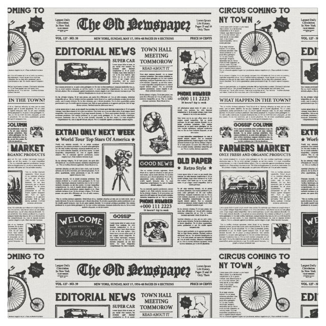 Antike Zeitung 1920 Flapper Vintag Schwarz-weiß Stoff (Nahaufnahme)