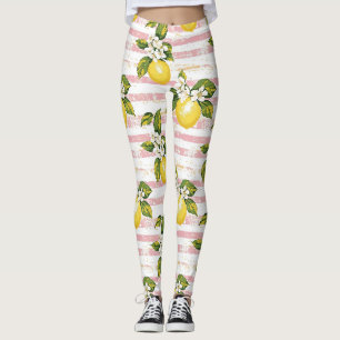 Antike Zitronen & Blüten auf rosa und weißen Strei Leggings