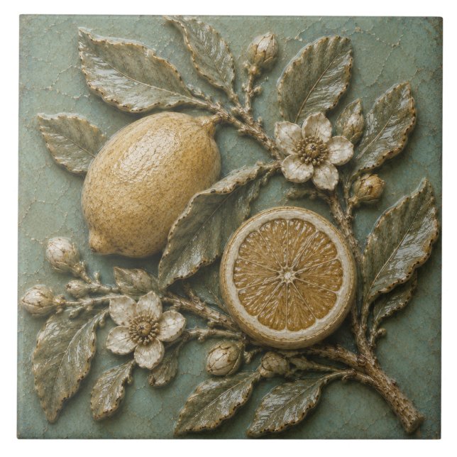 Antike Zitronenzweig Botanische Faux-Relief Fliese (Vorderseite)