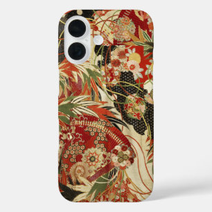 ANTIKEN JAPANISCHE BLUMEN Rot Grün Schwarz Floral iPhone 16 Hülle