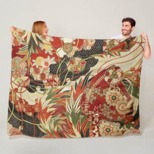 ANTIKEN JAPANISCHE BLUMEN Rot Grün Schwarz Floral Fleecedecke