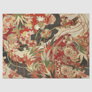 ANTIKEN JAPANISCHE BLUMEN Rot Grün Schwarz Floral  Seidenpapier