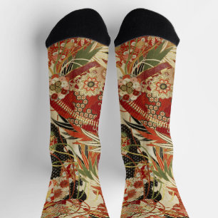 ANTIKEN JAPANISCHE BLUMEN Rot Grün Schwarz Floral Socken
