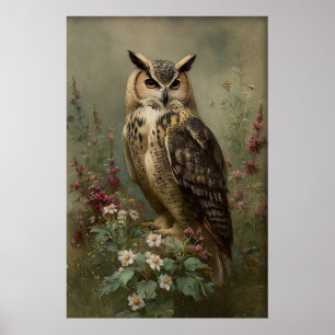 Antiker Blumen-Eulen-Druck, melancholischer Vogel- Poster