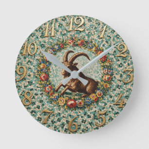 Antiker Blumenmosaik-Tierkreiszeichen Steinbock Runde Wanduhr
