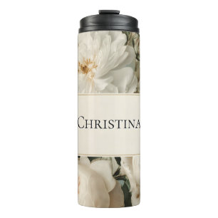 Antiker Blumenrahmen mit cremeweißen und rosa Rose Thermosbecher