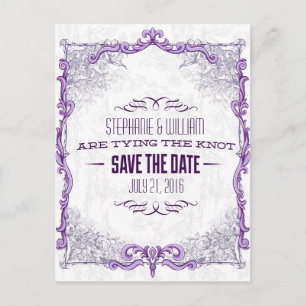 Antiker Blumenrahmen - Save The Date in Lila Ankündigungspostkarte