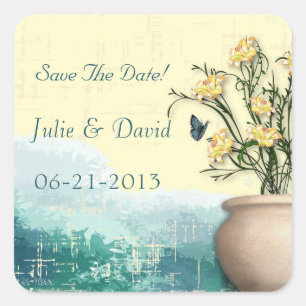 Antiker Blumentopf & Schmetterling Save The Date Quadratischer Aufkleber