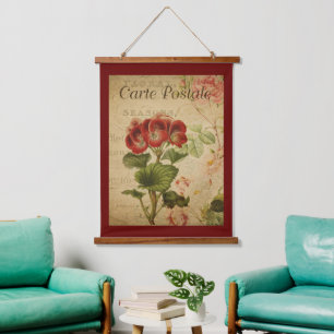 Antiker botanischer Teppich - Pelargonium Rot Deko Wandteppich Mit Holzrahmen