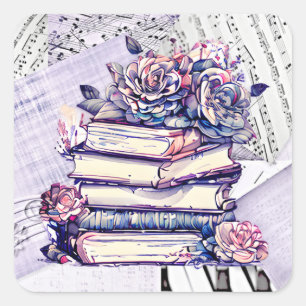 Antiker Bücherstapel mit Rosen Quadratischer Aufkleber