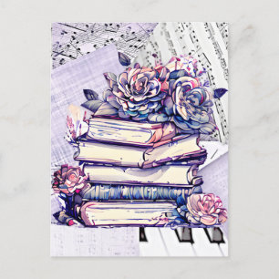 Antiker Bücherstapel und Rosen Postkarte