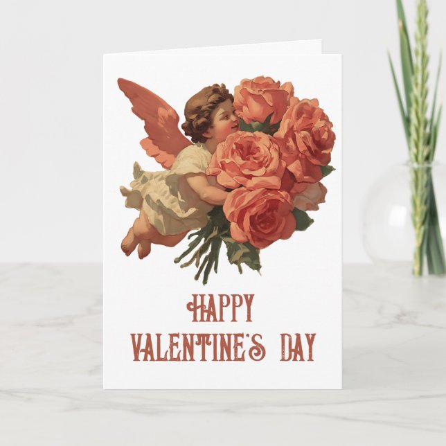 Antiker Cupid mit Rosenbouquet Karte (Vorderseite)