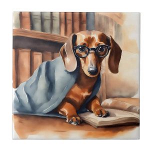 Antiker Dachshund in der alten Bibliothek Fliese