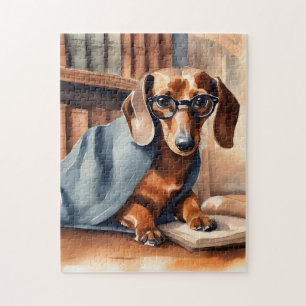 Antiker Dachshund in der alten Bibliothek Puzzle