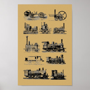 Antiker Dampflok Motor Lokomotive "Steampunk" Art Poster