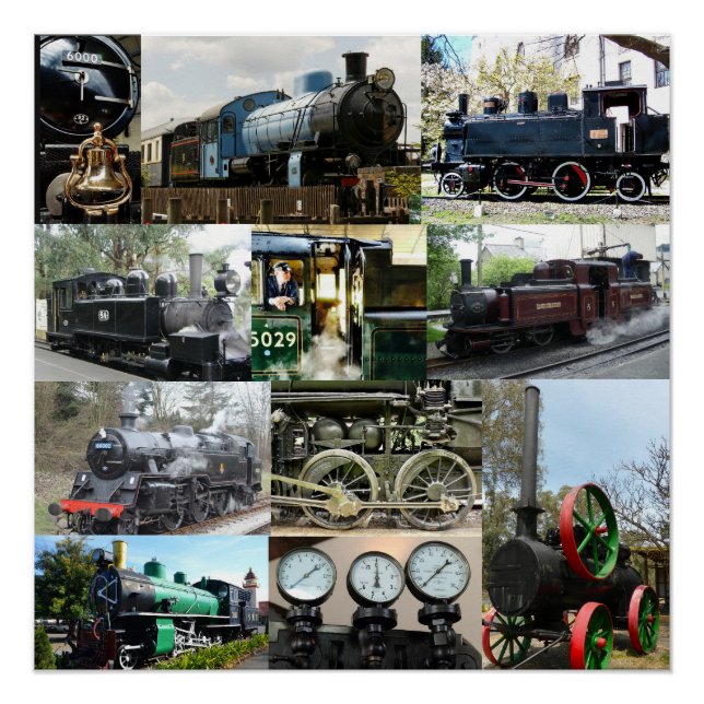 Antiker Dampfzug Motor Lokomotivzug Collage Poster (Vorderseite)