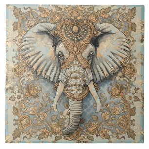 Antiker Elefant, Vintage Elefant, Gold Soft Blau Fliese