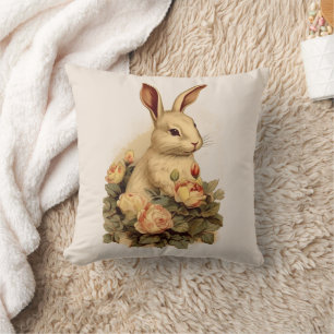 Antiker elfenbeinfarbener braun rosa floraler Hase Kissen