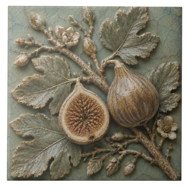 Antiker Feigenzweig Botanischer Faux-Relief Fliese (Vorderseite)