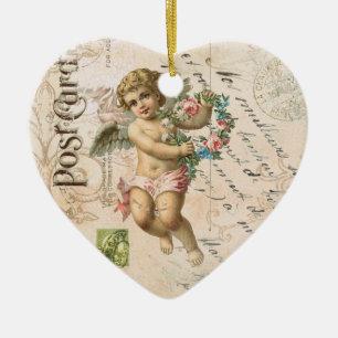 Antiker französischer Cherub-Valentinsherzen-Schmu Keramikornament