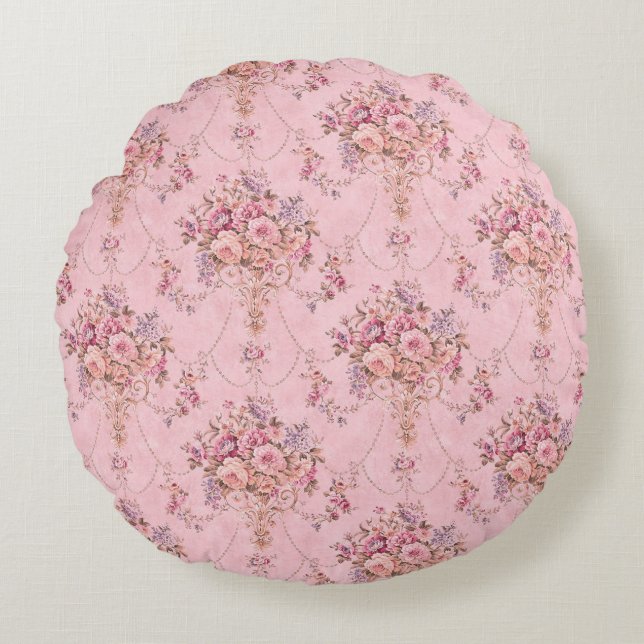 Antiker französischer Rosa Viktorianischer Blumens Rundes Kissen (Vorderseite)