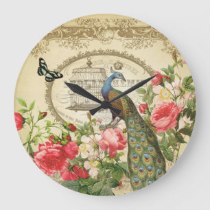 Antiker französischer Shabby-Chic-Pfau Große Wanduhr