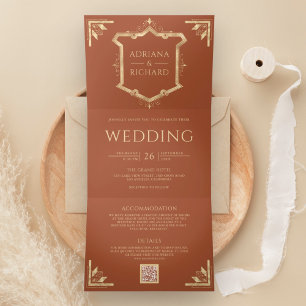 Antiker Goldener Kamm QR Code Terrakotta Hochzeit Dreifach Gefaltete Einladung