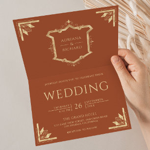 Antiker Goldener Kamm QR Code Terrakotta Hochzeit Einladung