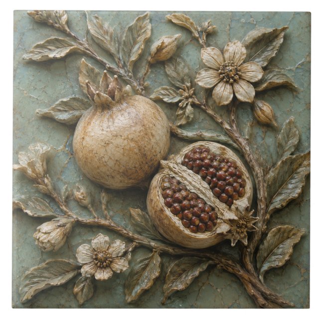 Antiker Granatapfelzweig-Faux-Relief Fliese (Vorderseite)