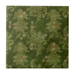 Antiker grüner Damast-Blumenmuster mit orangen Lib Fliese