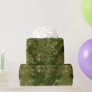 Antiker grüner Damast Blumenmuster mit orangen Lib Geschenkpapier