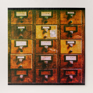 Antiker Holzschrank für Bibliothekskarteikarten Puzzle