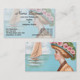 Antiker Hut mit rosa Rose und Segelboot im Stil ei Visitenkarte