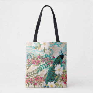 Antiker Illustrierter Pfau & Blume Grunge