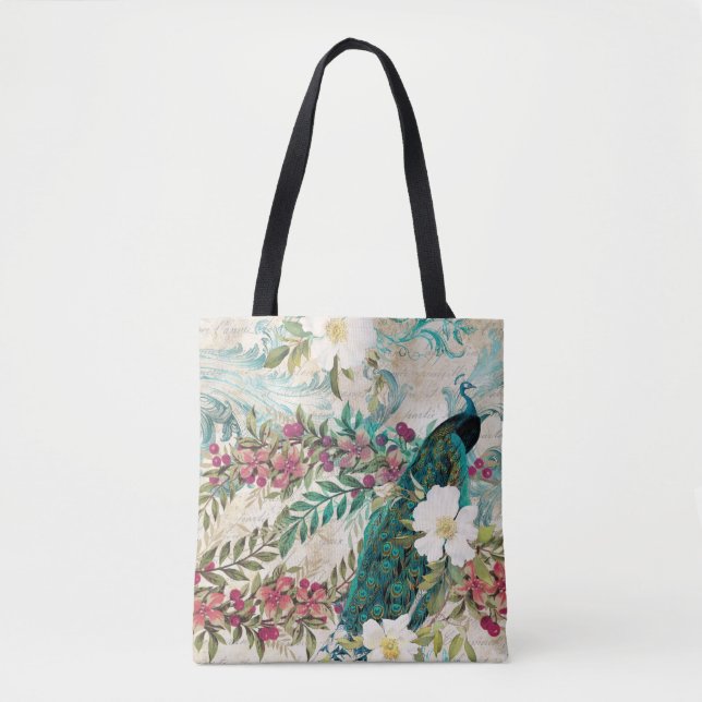 Antiker Illustrierter Pfau & Blume Grunge (Vorderseite)