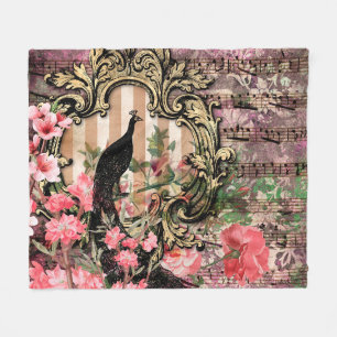 Antiker Illustrierter Pfau & Blume Grunge Fleecedecke