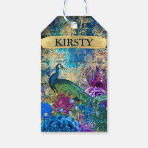 Antiker Illustrierter Pfau & Blume Grunge Geschenkanhänger