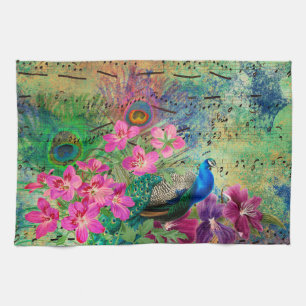 Antiker Illustrierter Pfau & Blume Grunge Geschirrtuch