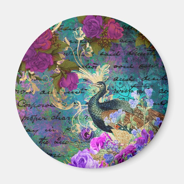 Antiker Illustrierter Pfau & Blume Grunge Magnet (Vorne)