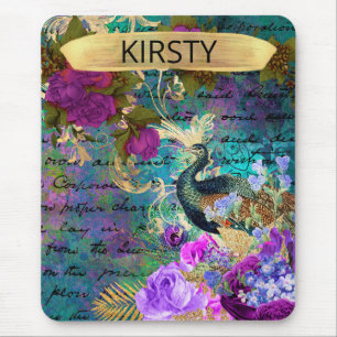 Antiker Illustrierter Pfau & Blume Grunge Mousepad