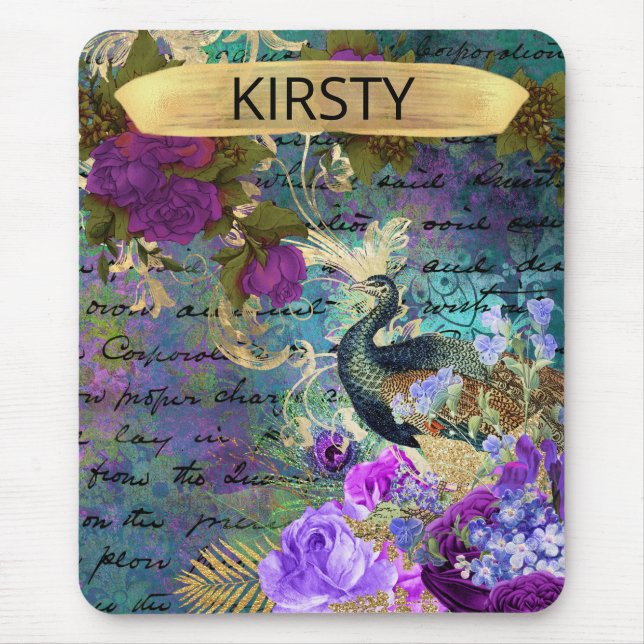 Antiker Illustrierter Pfau & Blume Grunge Mousepad (Vorne)