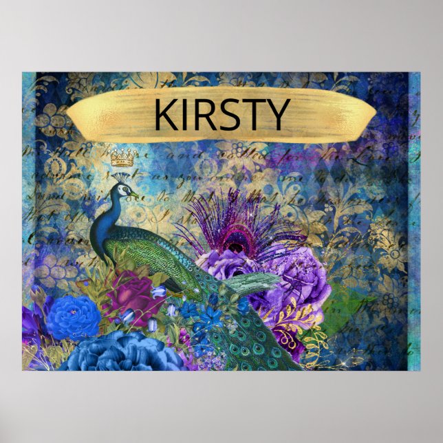 Antiker Illustrierter Pfau & Blume Grunge Poster (Vorne)