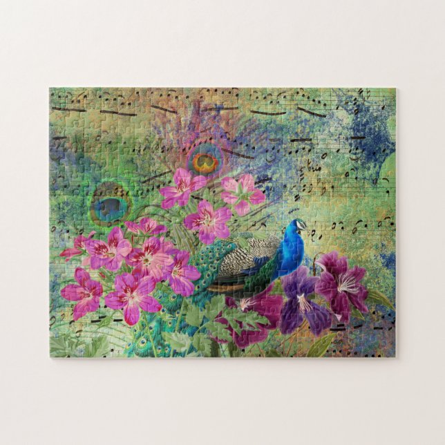 Antiker Illustrierter Pfau & Blume Grunge Puzzle (Horizontal)