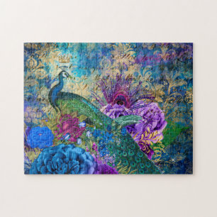 Antiker Illustrierter Pfau & Blume Grunge Puzzle