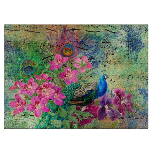 Antiker Illustrierter Pfau & Blume Grunge Schneidebrett (Vorderseite)