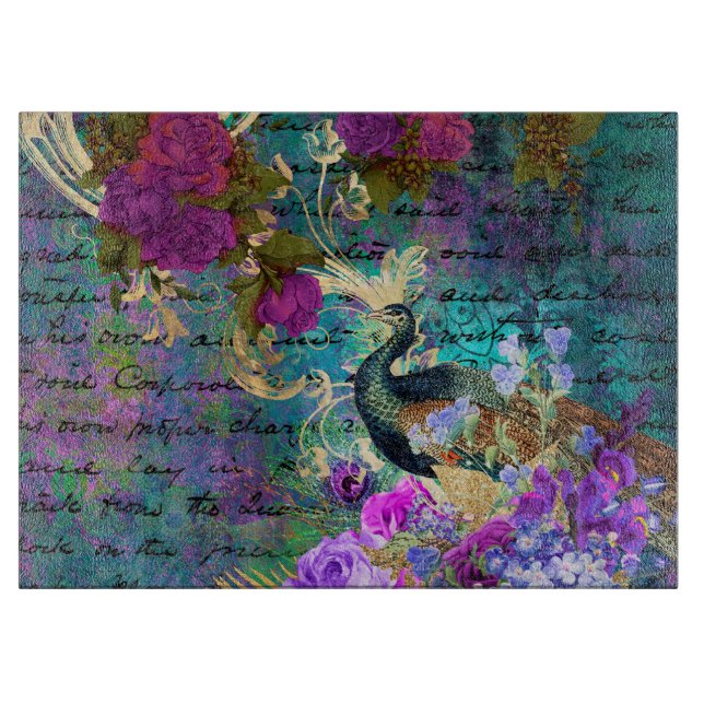 Antiker Illustrierter Pfau & Blume Grunge Schneidebrett (Vorderseite)
