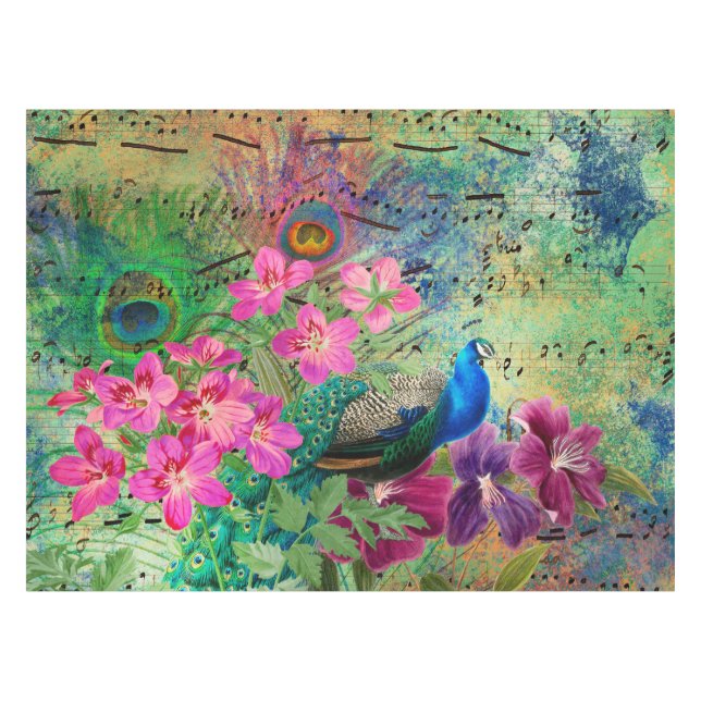 Antiker Illustrierter Pfau & Blume Grunge Tischdecke (Vorderseite (Horizontal))