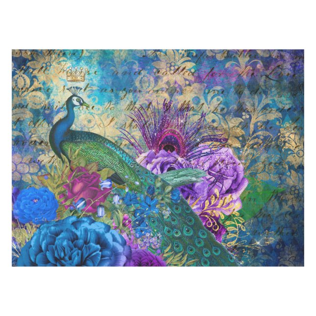 Antiker Illustrierter Pfau & Blume Grunge Tischdecke (Vorderseite (Horizontal))