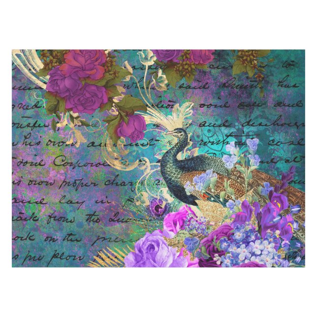 Antiker Illustrierter Pfau & Blume Grunge Tischdecke (Vorderseite (Horizontal))