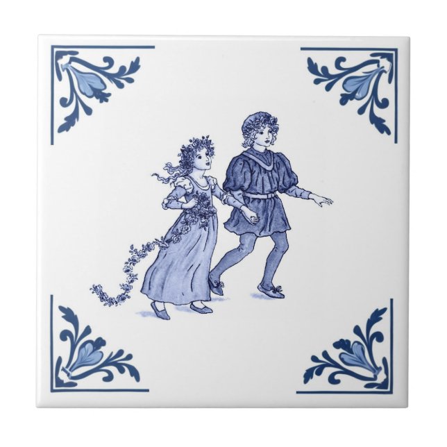 Antiker Junge und Mädchen Delft Ecken Blau und Wei Fliese (Vorderseite)